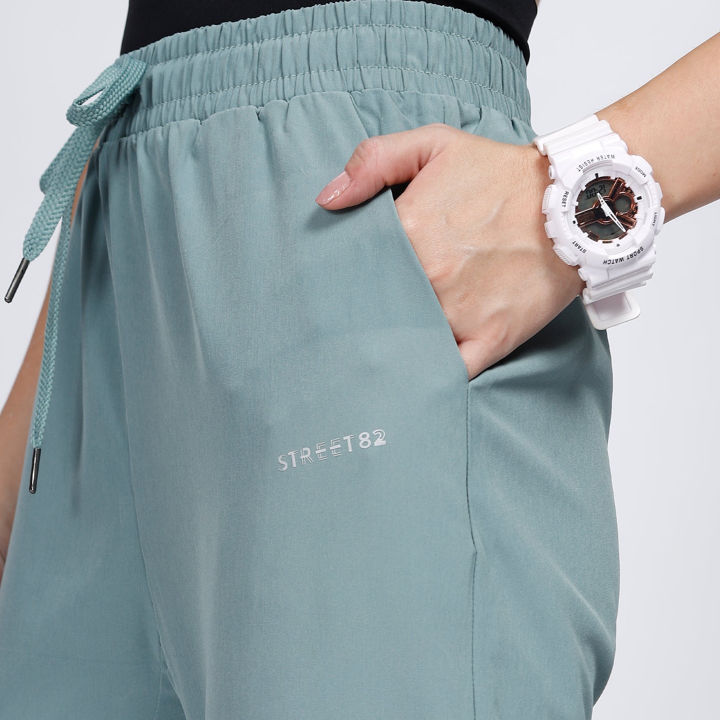 Ladies Casual Pant with Drawstring and Cuff Buttons