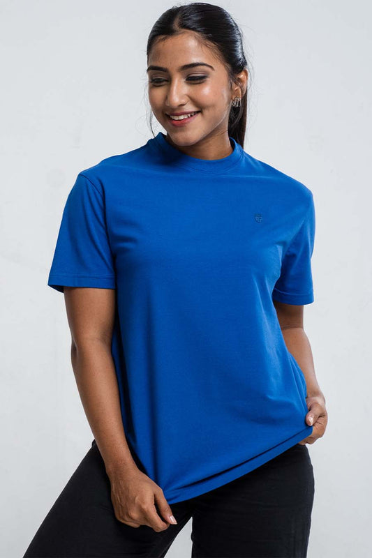 Ladies Plain Blue Quartz Crew Neck Essential Regular T-Shirt