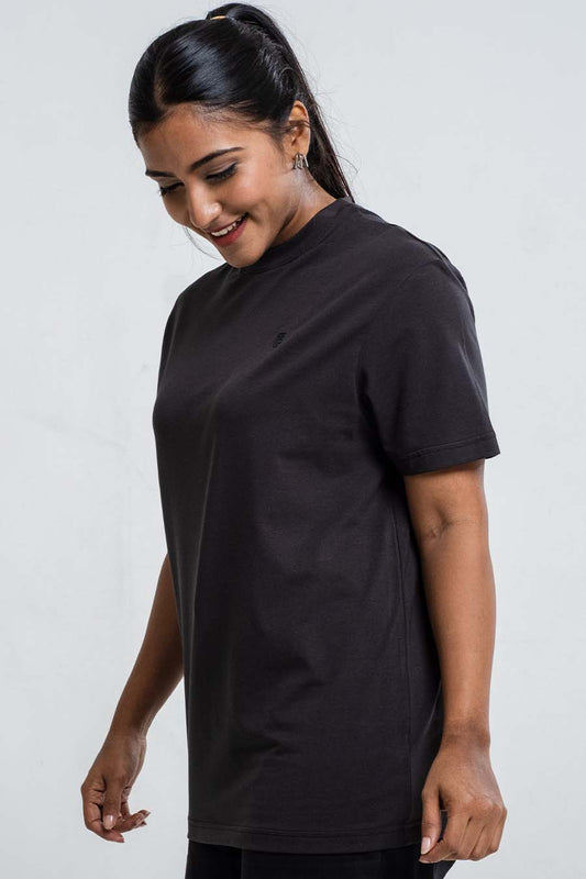 Ladies Plain Stretch Limo Black Crew Neck Essential Regular T-Shirt