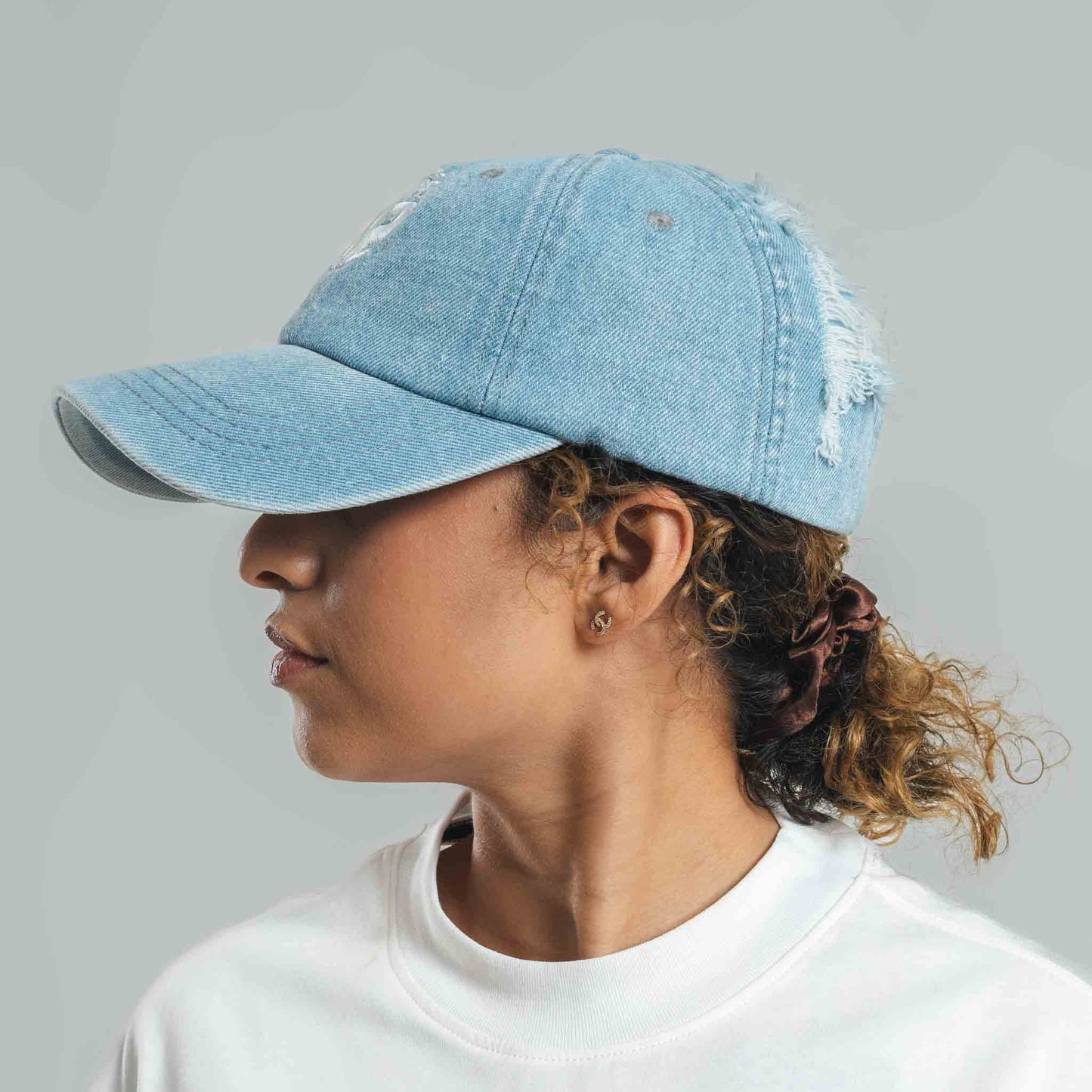 Ripped Denim Cap with 3D Logo Embroidery