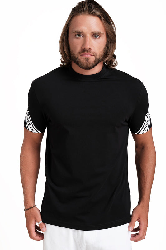Back & Sleeve Strip Rubber Print, solid single jersey T-shirt