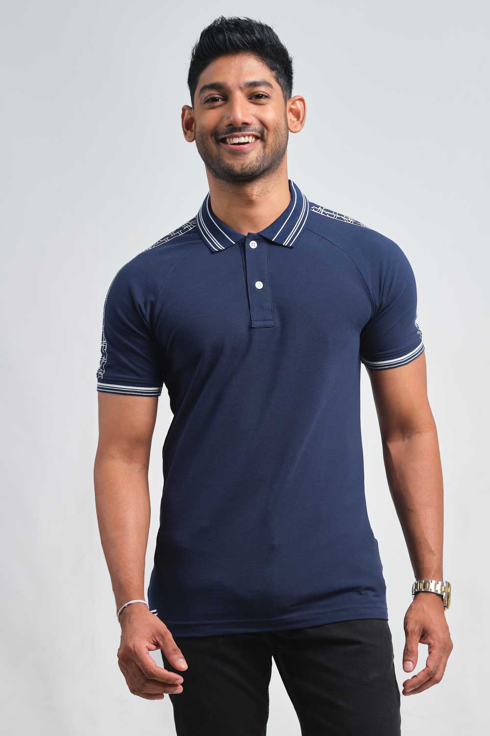 Shoulder typography print, ragland cut, premium cotton, Slim fit polo T-shirt