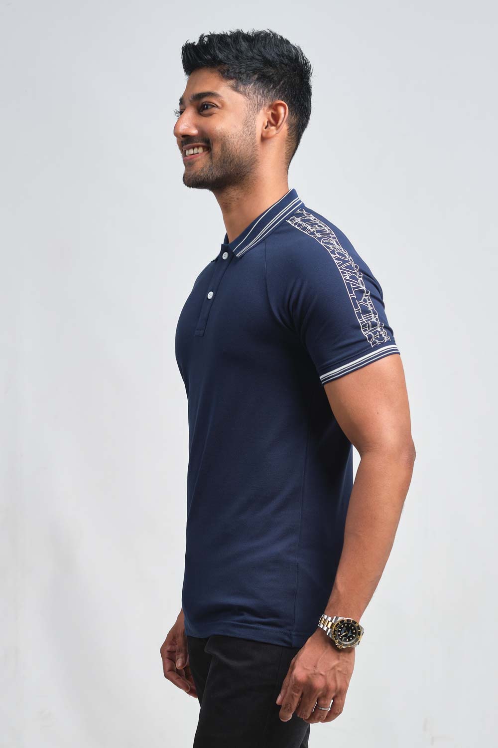 Shoulder typography print, ragland cut, premium cotton, Slim fit polo T-shirt